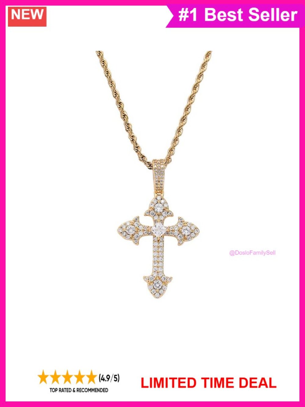 14K Gold Moissanite Cross Pendant Necklace 18" Adjustable